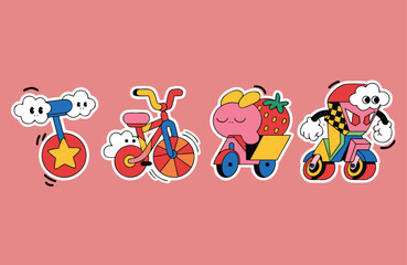 Cute cartoon vehicles with faces on a light pink background children s book © Yusni