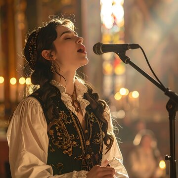Woman singing into a microphone indoors.