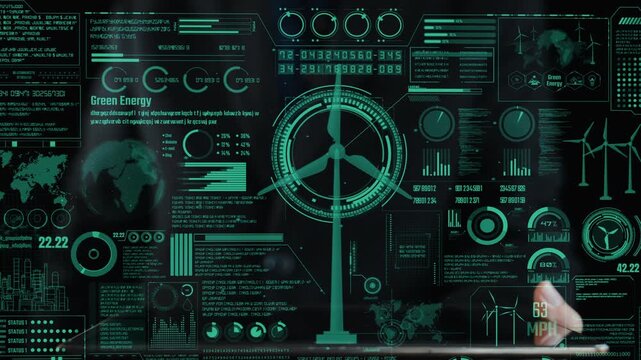 Captivating futuristic visualization of green energy data featuring wind turbines, dynamic infographics, and various statistics for innovative energy analysis. Cipher