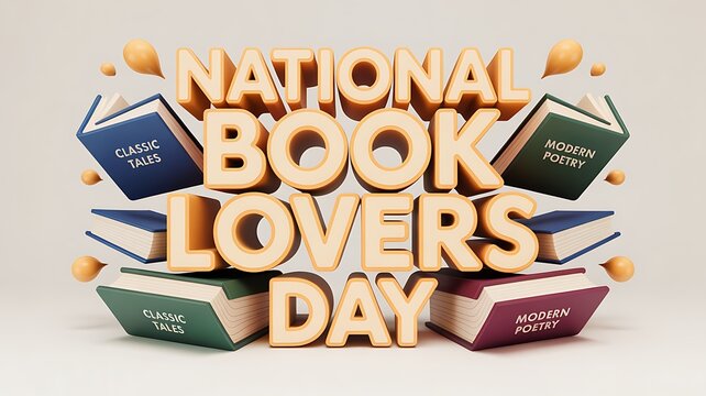 3D wooden style text for national book lovers day with stylized floating books and sphere decor national typography rendering creative celebration education literature knowledge background