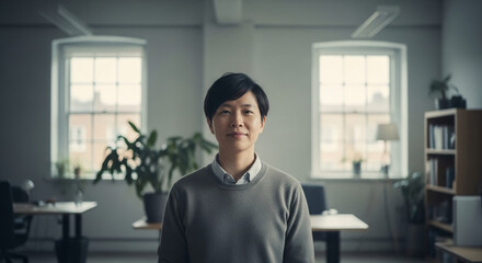 Fototapeta premium Asian professional standing confidently in a modern bright office workspace