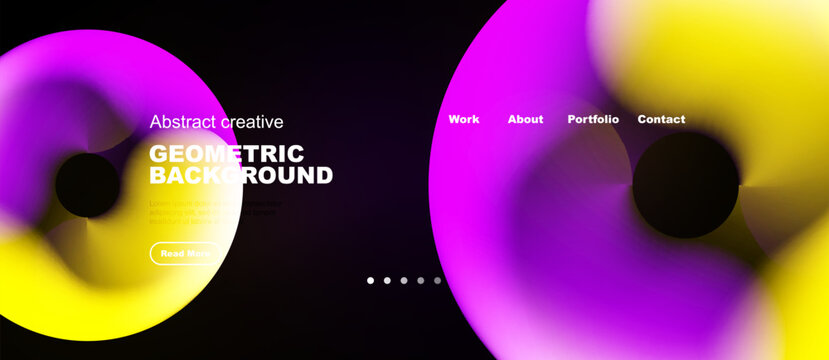 Vibrant abstract design. Fluid shapes blend yellow, purple hues. Minimalist text overlays dark background. Modern website header concept.