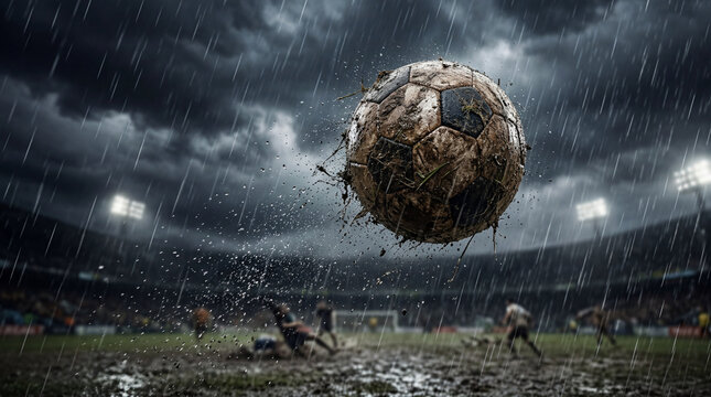 Muddy soccer ball flying in the heavy rain at a dramatic stadium