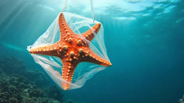 vibrant orange starfish is caught in a translucent plastic bag underwater