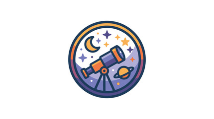 A circular badge illustration featuring a telescope pointed at the night sky with stars and planets. © Natasya