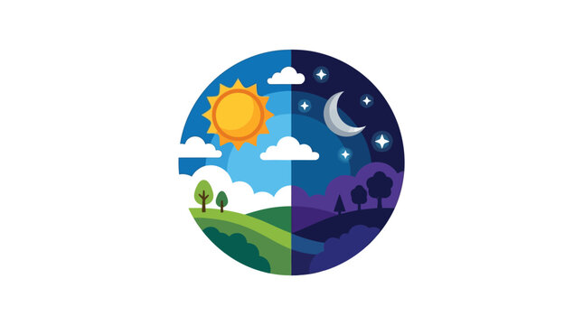 A circular illustration depicting the transition between day and night in a landscape.
