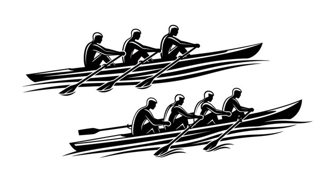 High-contrast silhouette of rowers racing in sleek boats on water with coordinated teamwork and speed.