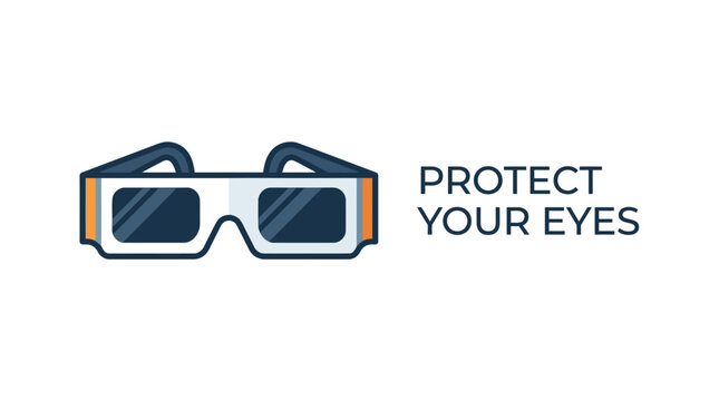 A stylized illustration of protective eclipse glasses with the text Protect Your Eyes.