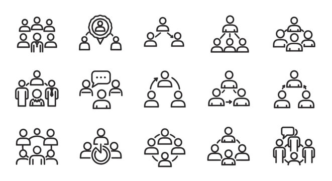 Group of people icons representing teamwork, collaboration, and meetings in various configurations.