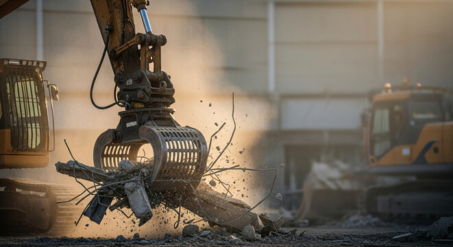 Construction excavator grapple arm crushing concrete rubble on dusty industrial site