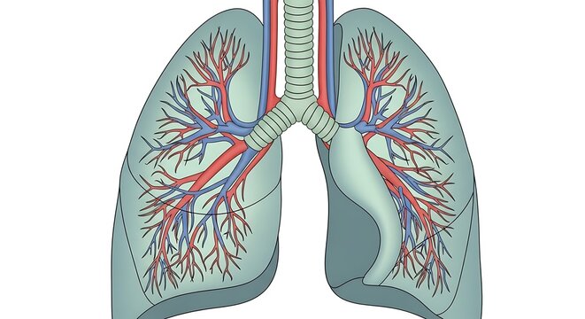 3D rendered human lungs with bronchial tubes and blood vessels.
