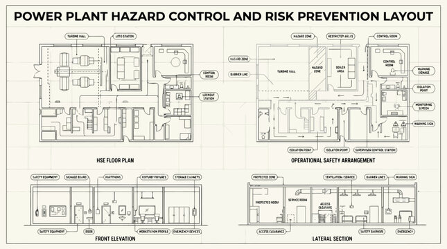 Power Plant Hazard Control and Risk Prevention Layout Vector for Industrial Safety Training, Engineering Documentation & Facility Management (EPS)