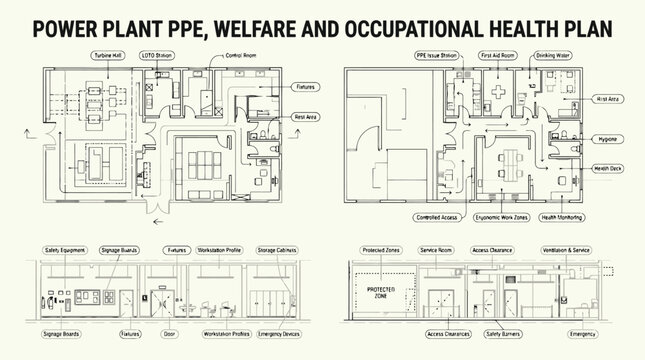 Power Plant PPE Welfare and Occupational Health Plan Architectural Blueprint Vector for Industrial Safety, Facility Management & Workplace Compliance (EPS)