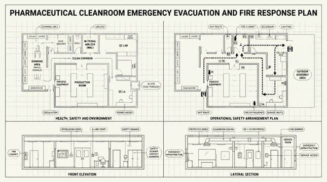 Pharmaceutical Cleanroom Emergency Evacuation and Fire Response Plan Blueprint Vector for Industrial Safety, Facility Management & Compliance Training (EPS)