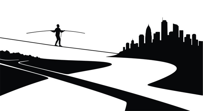 Tightrope walker balances carefully above a cityscape during a precarious journey that illustrates the risks and calculated decisions required to maintain stability in a high stakes environment.