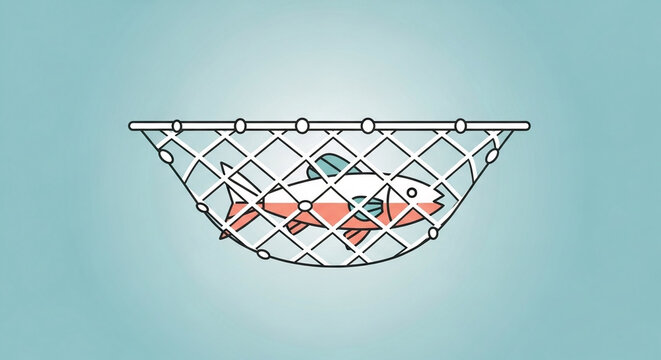 Caught fish struggles within a fishing net against a clean aquatic background.