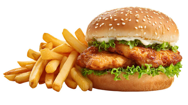 Crispy chicken burger with fresh lettuce and creamy sauce served alongside golden French fries, isolated on a white background.
