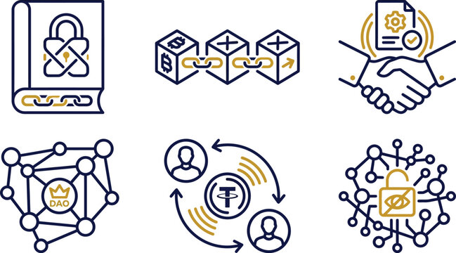 Set of blockchain and cryptocurrency line icons featuring decentralized finance digital security and smart contract concepts for modern web and app design
