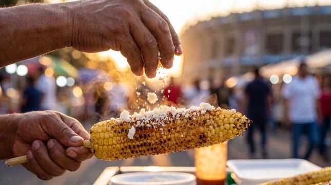 Hands preparing elote street corn with cheese at golden hour market