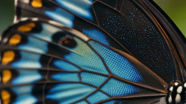 Macro shot of iridescent blue and orange butterfly wing patterns