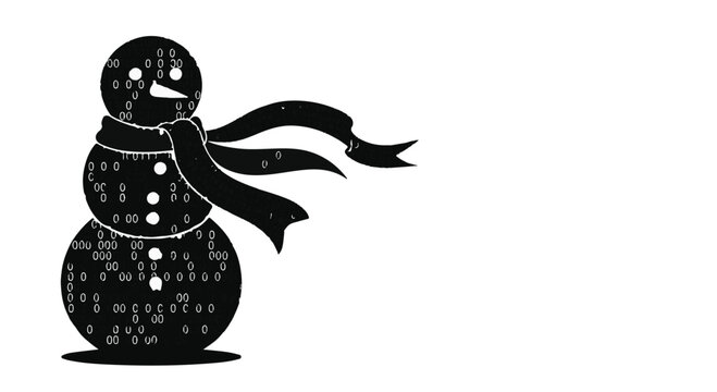 Snowman silhouette constructed from binary code digital patterns symbolizes the intersection of traditional winter holiday festivities and the advancement of modern computer programming technology.