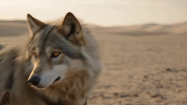 Close-up portrait of a majestic wolf in a desert landscape at sunset.