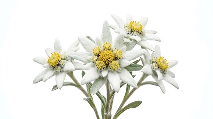 Fototapeta premium Beautiful blooming Edelweiss flowers isolated on white background