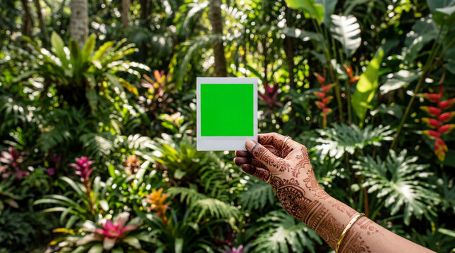 Hand with henna holding green screen frame in tropical lush garden