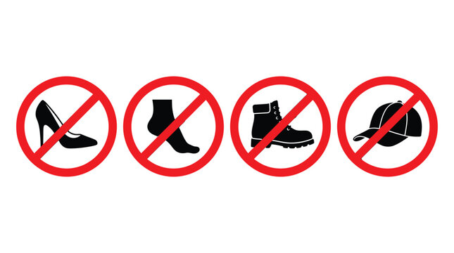 No Shoes Signs Icons Set with High Heel Boot Sock and Cap Prohibition Symbols for Dress Code Restrictions
