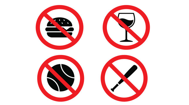 No Food No Drink No Sports Prohibited Signs Icons Set for Restricted Areas and Safety Regulations