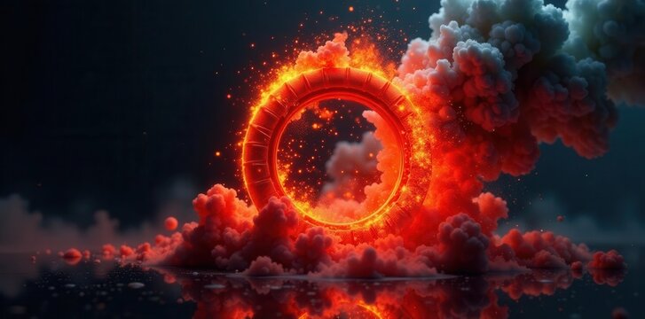 Fiery orange-red wheel explodes, swirling ink & smoke Dark background , explosion, fantasy