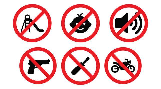 Prohibited Signs Icons Set with No Children No Noise No Guns No Knives No Motorcycles and No Slides Symbols