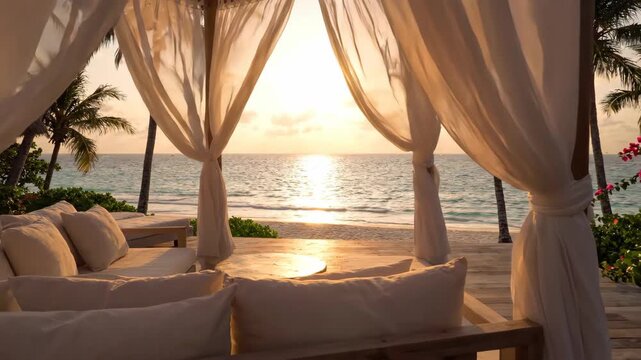 Elegant beachfront cabana draped in flowing curtains with a sunset ocean view and palm trees