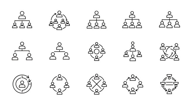 Collection of abstract organizational charts and network diagrams illustrating team structures.