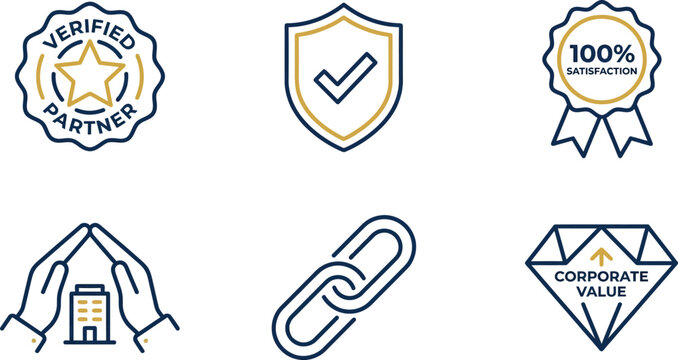 Collection of business and corporate service icons designed in a modern flat line art style with blue and gold accents ideal for web app and branding projects