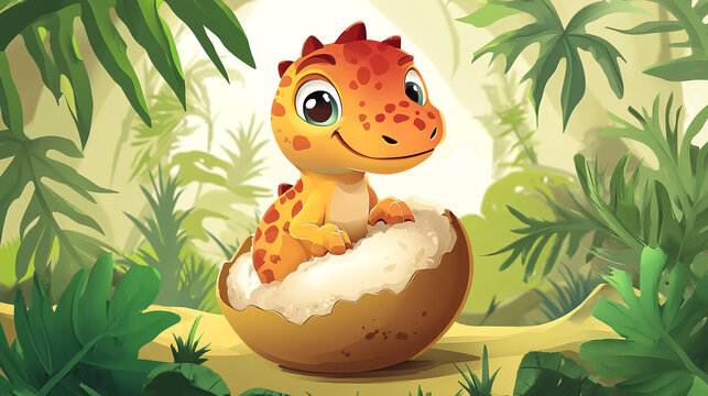 Cheerful baby dinosaur hatching from an egg in a lush tropical jungle with dinosaur hatching tropical creature prehistoric wildlife beginning
