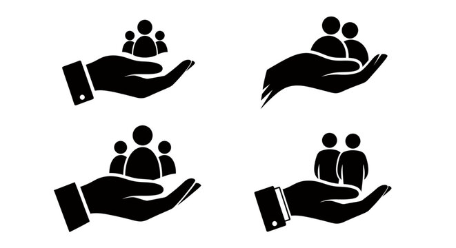 Vector illustration of a hand supporting a group of people, symbolizing care and community support.
