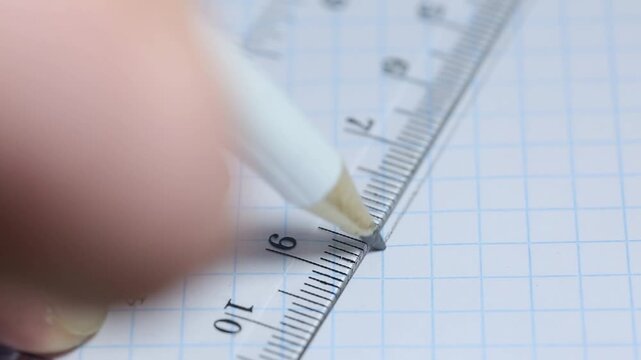 A student draws with a pencil under a ruler in a notebook at school, drawing