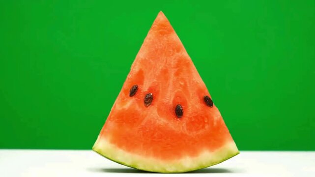 Freshly cut triangular slice of ripe watermelon with visible black seeds a refreshing summer fruit presented on a vibrant green background