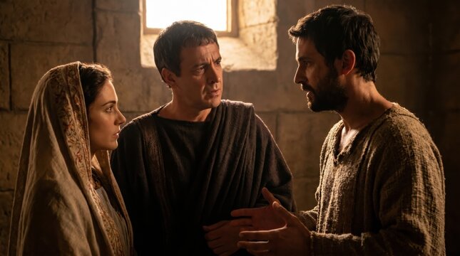 Apostle Paul speaking about faith to governor Felix and his wife Drusilla in Roman prison. Biblical scene from Acts of the Apostles. Historical drama atmosphere for religious education.