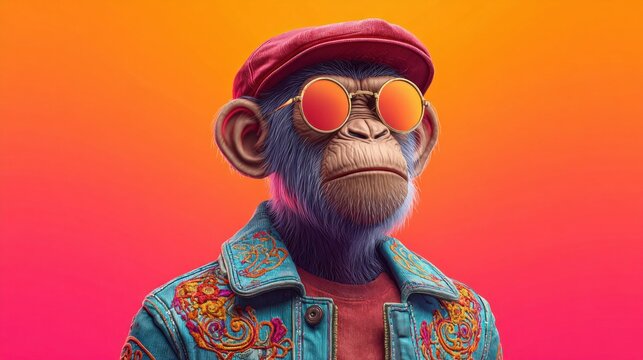 Stylish monkey wearing sunglasses, a cap, and a denim jacket against a vibrant background