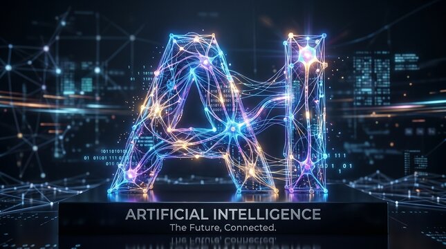 Glowing AI neural network text on podium. Futuristic artificial intelligence concept with digital brain connection mesh, cybernetic data stream, and machine learning background.