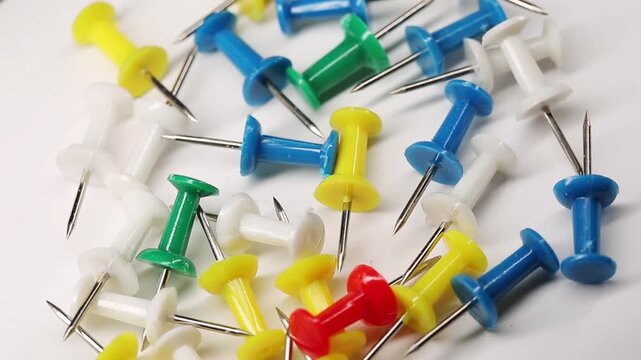 Stationery, many multi-colored push pins, paper clips on white background, rotating, close up view
