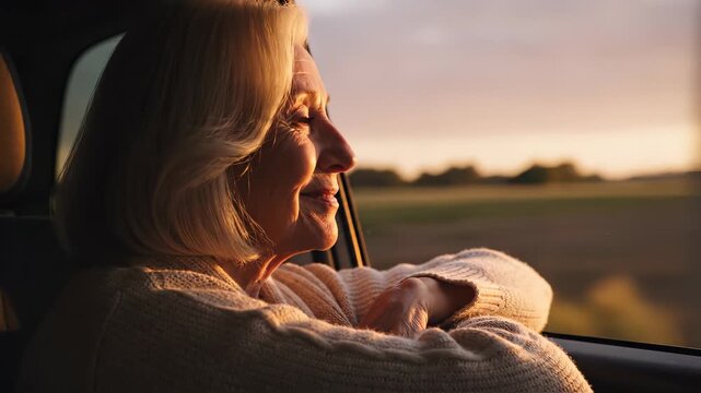 Senior woman enjoys sunset view from car window. Peaceful moment captures beauty of nature. Relaxation and tranquility define this scenic journey.