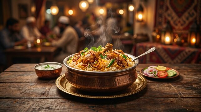 Steaming Pakistani chicken biryani in a traditional brass handi bowl on a wooden table with raita and salad. Warm authentic restaurant interior with blurred people dining in the background.