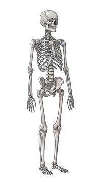 Human skeleton anatomical illustration front view.