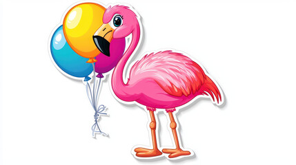 Obraz premium Cute pink flamingo holding colorful balloons, perfect for celebrations and parties, adding cheerful touch to any event