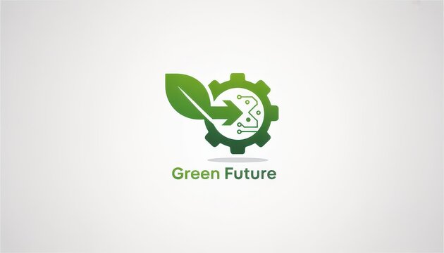 Green Future logo featuring a leaf, gear, and circuit board pattern symbolizing eco-friendly technology and sustainable innovation isolated on white background