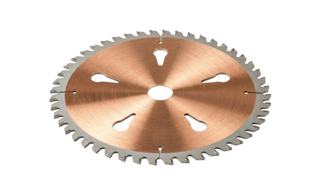 Copper circular saw blade with silver teeth isolated on transparent background