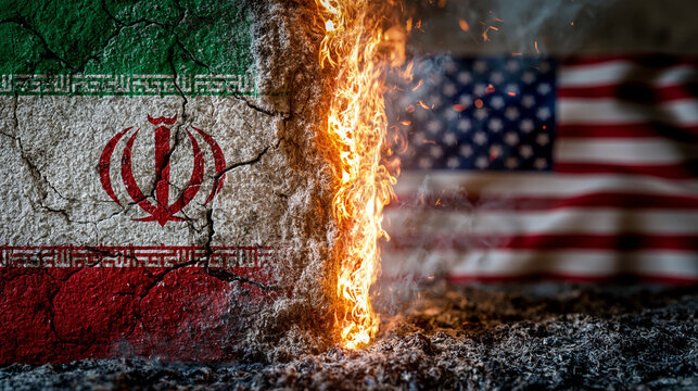 Conflict and Fire: A symbolic representation of conflict with the flags of Iran and the United States on a cracked surface, engulfed in flames, signifying tension and animosity.